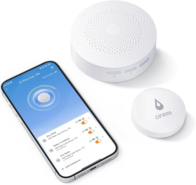 Winees WiFi Water Leak Detector, 1 Pack Water Sensors with 100dB Adjustable Alarm, Leak Alert Email&SMS Notification, 100M Transmission for Basement, Bathroom, Laundry, IFTTT, S1 Lite, 2.4G WiFi Only by WINEES