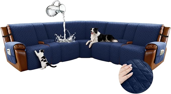 Arfntevss Waterproof Recliner Sectional Couch Covers for Reclining L Shape Sofa Cover Non Slip Washable L Shaped Slipcover Set for Dog Furniture Protector (5 Seat with 2 Console Cover, Midnight Blue) by Arfntevss