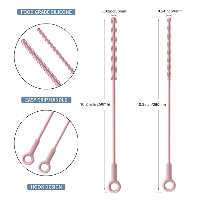 Reusable Silicone Straw Cleaner Brush Set, 2-Pack Extra Long Straw Cleaning Brush for Metal Glass Water Bottle Drinking Straws, Flexible&Bendable Design, Dishwasher Safe, 6mm & 8mm Diameter - Image 4
