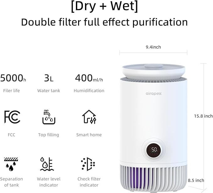 2-in-1 Humidifier and Air Purifier Combo, Mistless Evaporative Humidifier and HEPA Filter Air Purifier, Silent, WIFI Smart for Bedroom, White - Image 7