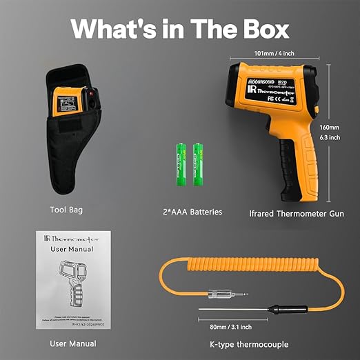 Infrared Thermometer Temperature Gun, 50:1 Dual-Mode Temp Gun -58°F to 1796°F with K-Type Thermocouple for Internal Readings, for Kilns, Industrial, and HVAC Applications - Image 7