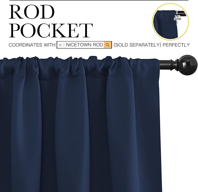 NICETOWN Bedroom Curtains Blackout Draperies - All Season Thermal Insulated Solid Rod Pocket Top Blackout Curtains/Drapes for Kid's Room (Navy, 1 Pair, 42 x 63 Inch) - Image 3