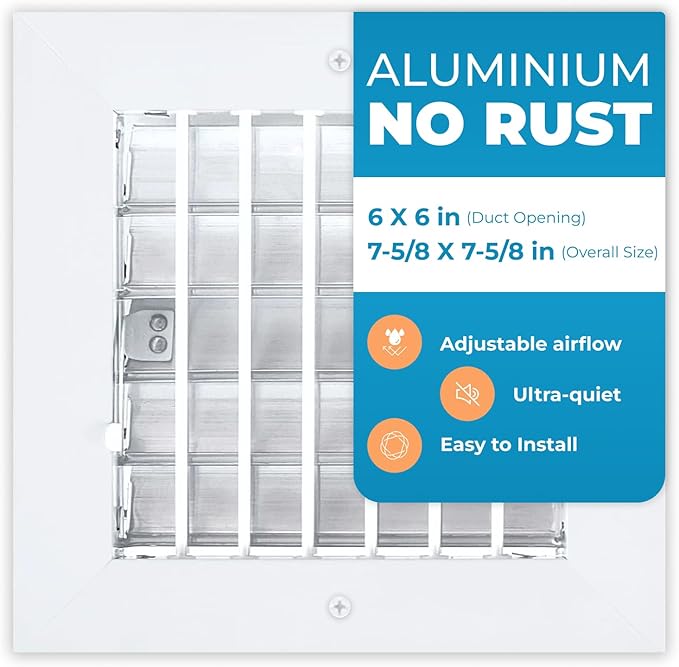 Aluminum 6 x 6 Inch (Duct Opening) Air Vent Covers Wall AC Grille – Premium Register Vent Cover – Durable Rustproof Wall Grille – Overall Size 7-5/8 x 7-5/8 Inch – Adjustable Front Blades, White by Air360
