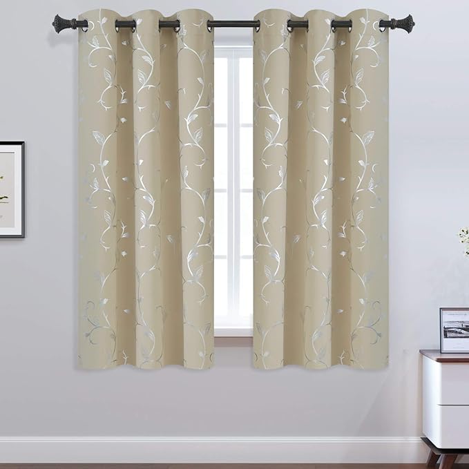 BUHUA Flower Print Blackout Curtains Thermal Insulated Window Curtains Silver Elegant Vine Pattern for Baby Room Beige 38W by 63L 2 Panels - Image 2