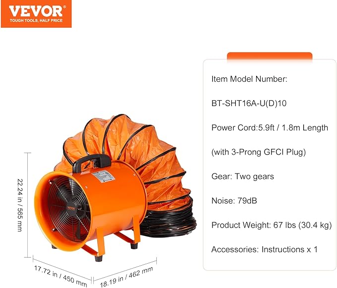 VEVOR 16 Inch Utility Blower Fan, 2 Speed 5175 CFM Heavy Duty Cylinder Axial Exhaust Fan with 33ft Duct Hose, Industrial Portable Confined Space Ventilator for basements, warehouse, Workshop - Image 6