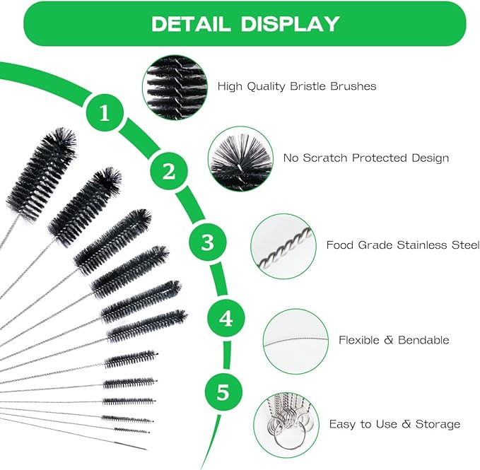 Straw Cleaner Brush Set,12 Pieces Extra Long Pipe Water Bottle Brushes for Cleaning Reusable Drinking Straws,Bird Feeders,Pipes,Black (12pcs Different diameters Set) - Image 6