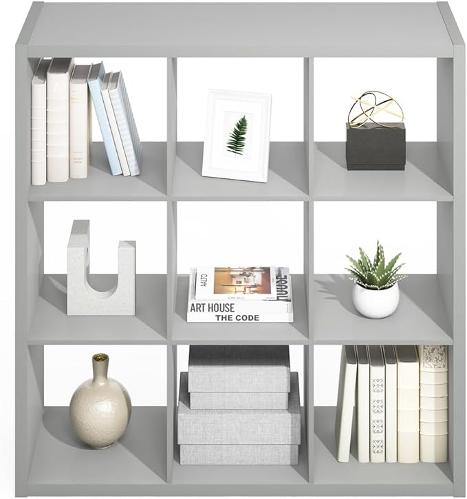 Furinno Simple Cube Storage Organizer, 9-Cube Display Shelf, Open Back Shelving Unit, Storage Shelves, Extra Thick Frame, for Organization and Storage, Living Room, Home Office, Light Grey - Image 6