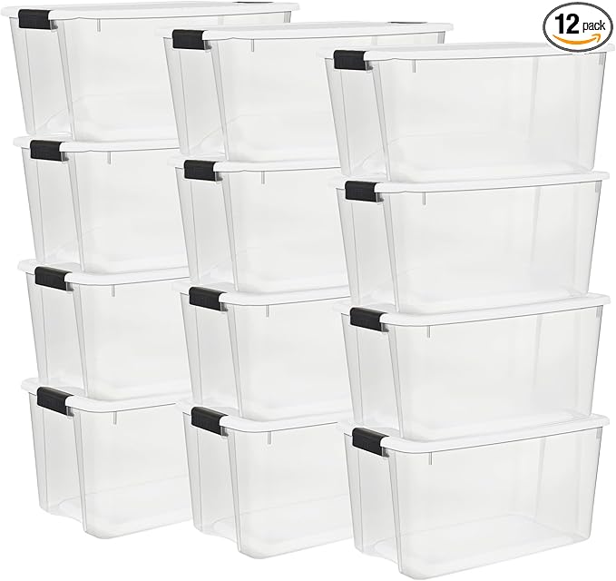 Sterilite 12-Pack Ultra Latching Box, Storage Bins with Lids, Clear Plastic, 70 Quart - Heavy-Duty Organizing Containers for Closet, Bathroom, and Office by Sterilite