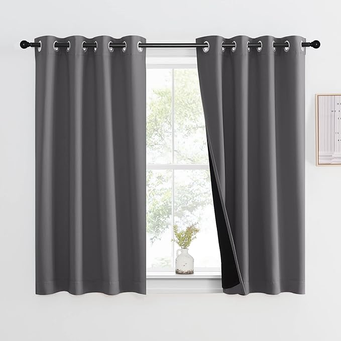 NICETOWN 100% Blackout Curtain with Black Liners, Thermal Insulated Full Blackout 2-Layer Lined Drape, Noise Cancellation Window Drapery for Dining Room (Grey, 1 Panel, 46-inch W by 54-inch L) by NICETOWN