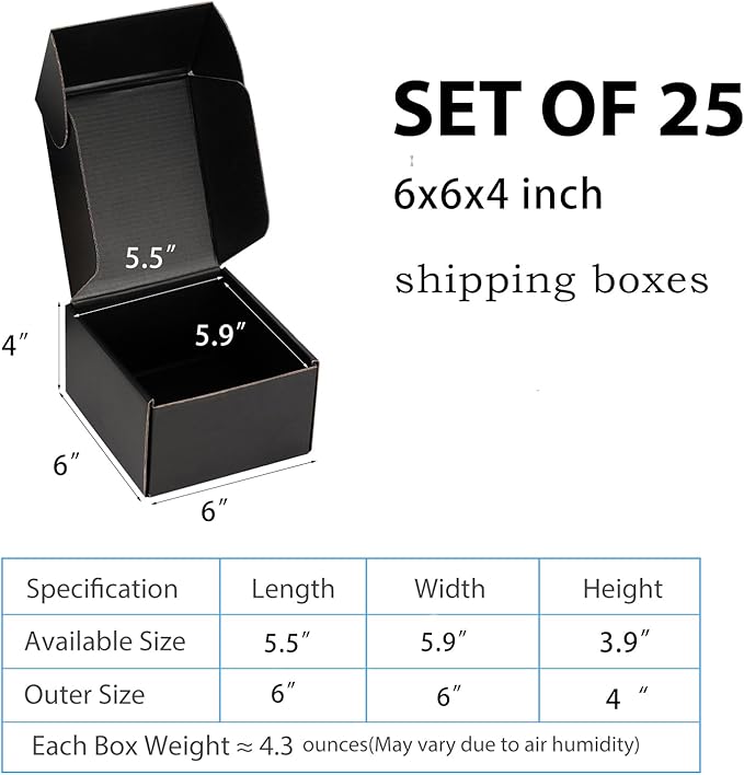 Small Shipping Boxes 6x6x4 Inch (25 Pack) - Sturdy Black Corrugated Cardboard Boxes for Small Business, Ecommerce, Mailing & Packaging | Recyclable Gift & Storage Boxes - Image 2