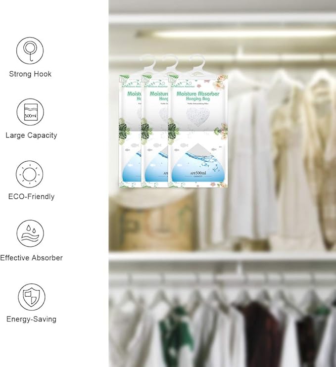 CANAGER Hanging Moisture Absorber-12 Packs, Hanging Dehumidifier Bags for Closet,Bedroom and kitchen,Fragrance Free,Moisture Absorb 12.5OZ - Image 7