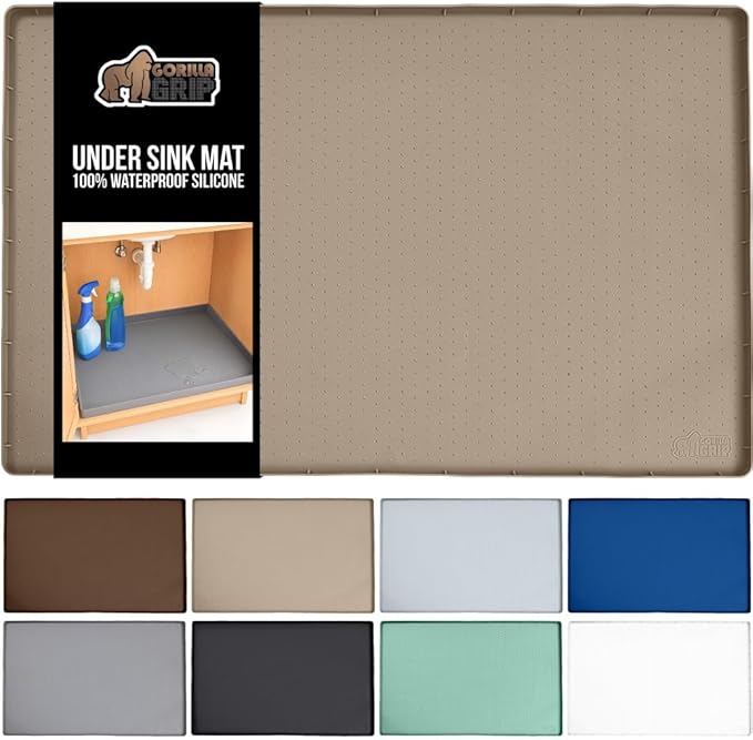 GORILLA GRIP Waterproof Silicone Under Sink Mat with Raised Lip for Kitchen and Bathroom, Cabinet Shelf Liner Stay in Place Mats Dishwasher Safe Drawer Liner, Organizer Tray, 19 x 22 in, Beige by GorillaGrip