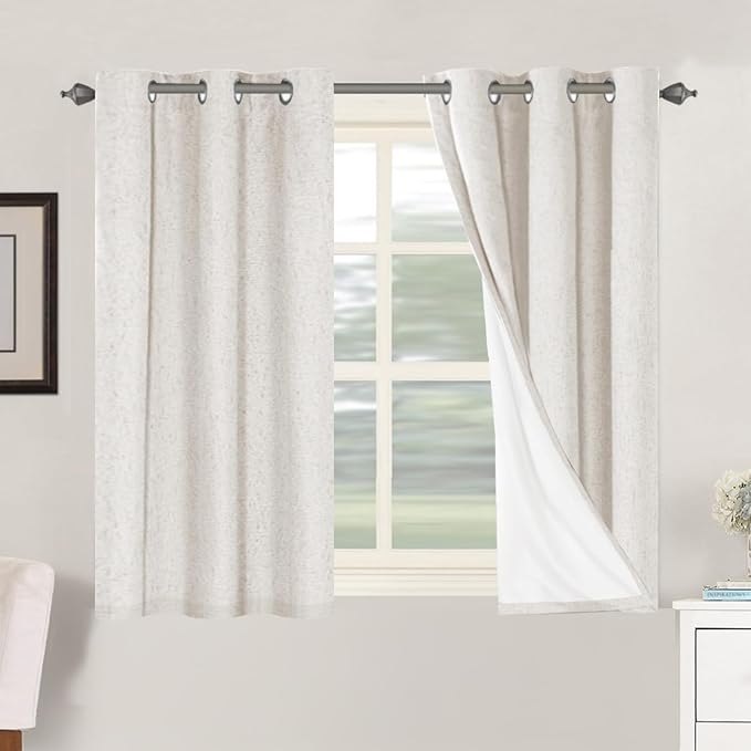 H.VERSAILTEX Primitive Linen Curtains 100% Blackout Curtain Drapes Burlap Fabric Curtains with White Thermal Insulated Liner, Grommet Top Drapes Living Room/Bedroom (2 Panels, 42 x 45 Inch, Ivory) by HVERSAILTEX