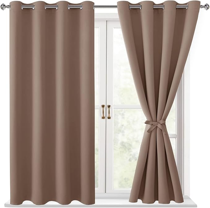 Hiasan Blackout Curtains for Bedroom, 52 x 54 Inches Long - Thermal Insulated & Light Blocking Window Curtains for Living Room, 2 Drape Panels Sewn with Tiebacks, Cappuccino by Hiasan