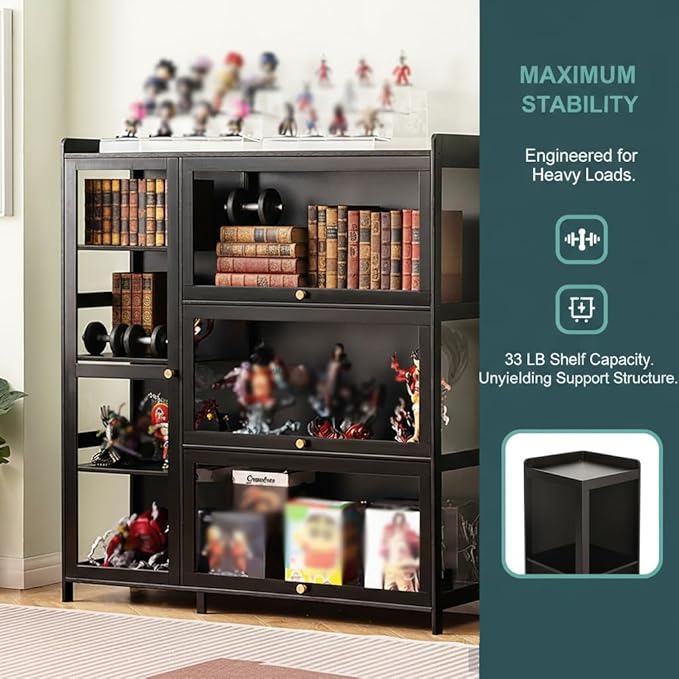 Display Cabinet with Acrylic Doors, 7 Storage Spaces Storage Cabinet & Curio Cabinet with Clear Acrylic Doors, Modern Black Bamboo & Composite Wood for Collectibles, Kitchen, Living Room - Image 5
