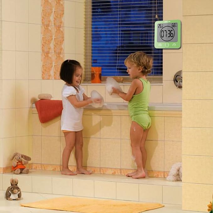 Waterproof Bathroom Wall Clock and Timer, Digital Water Resistant Hanging Timer for Shower, Large Display Kitchen Cooking Countdown Timers, Mirror Suction Clock with Temperature Humidity Meter (Green) - Image 7