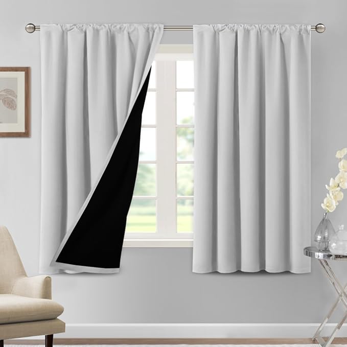H.VERSAILTEX 100% Blackout Curtains for Bedroom Thermal Insulated Blackout Curtains 63 Inches Long Rod Pocket Window Drapes for Living Room with Black Liner 2 Panels Set, Bleached White by HVERSAILTEX