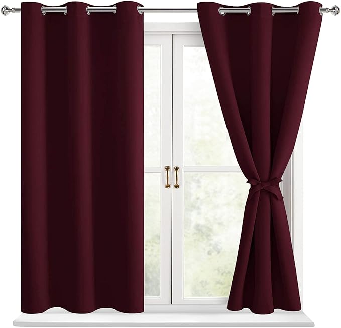 Hiasan Short Blackout Curtains for Bedroom - Thermal Insulated & Light Blocking Window Curtains for Living Room Christmas Decor, 2 Drape Panels Sewn with Tiebacks, Burgundy, 38 x 45 Inch by Hiasan