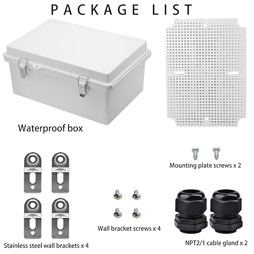 Waterproof Electrical Box with Mounting Plate, IP67 Junction Box Stainless Steel Latch Hinged Grey Cover Project Enclosure with Wall Bracket and 2 Glands 8.3" x 6.3" x 3.9" - Image 4