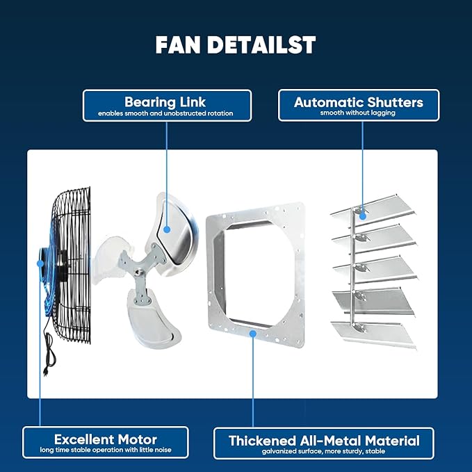 KEN BROWN 20 Inch Shutter Exhaust Fan, Gable Vent Fan, Wall Mount Ventilation, High Speed 3500CFM, Automatic Aluminum Blades, for Garages, Shop, Greenhouse, Attic, with 10ft Power Cord - Image 4