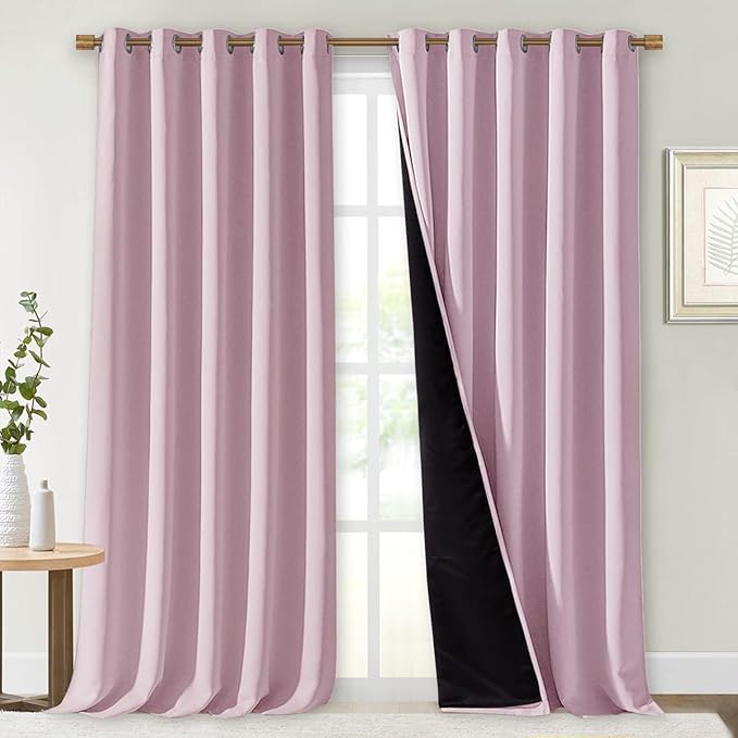 NICETOWN Full Shading Curtains for Windows, Baby Pink, Pack of 2, 62 inches W x 95 inches L, Super Heavy-Duty Black Lined Blackout Curtains for Bedroom, Privacy Assured Window Treatment by NICETOWN