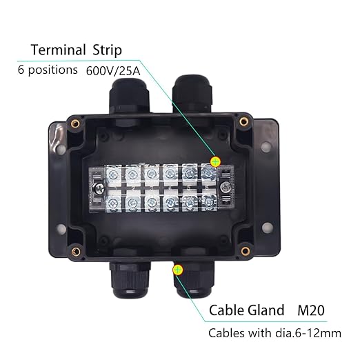 Watertight Junction Box, IP67 Waterproof Electrical Project Box with 6P 25A Barrier Terminals,2 in/2 Out Cable Glands Electronic Enclosure 4.53" x 3.54" x 2.17" - Image 2