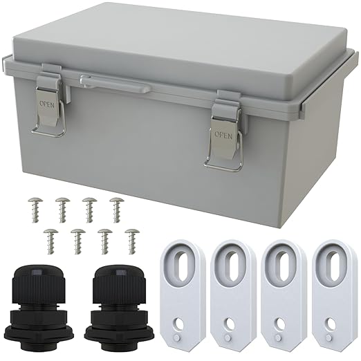 MAKERELE Gray Plastic Waterproof Electrical Box Outdoor,IP67 ABS with Hinged Cover,Weatherproof Mounting Plate,Wall Bracket,Stainless Steel Buckle and 1/2" NPT*2(11.4"×7.5"×5.5") by MAKERELE