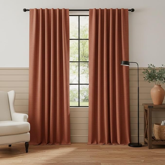 RYB HOME 100% Blackout Linen Textured Curtains 84 inches Long, Insulating Privacy Energy Saving for Bedroom Living Room Window Office Theater Dining Nursery, W 52 x L 84 in, Terracotta, 2 Panels by RYBHOME