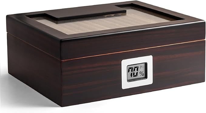 Woodronic Cigar Humidor for 50 Cigars with Digital Hygrometer, Crystal Gel Humidifier, Spanish Cedar Lined & Divider, Desktop Case Gift for Fathers by Woodronic