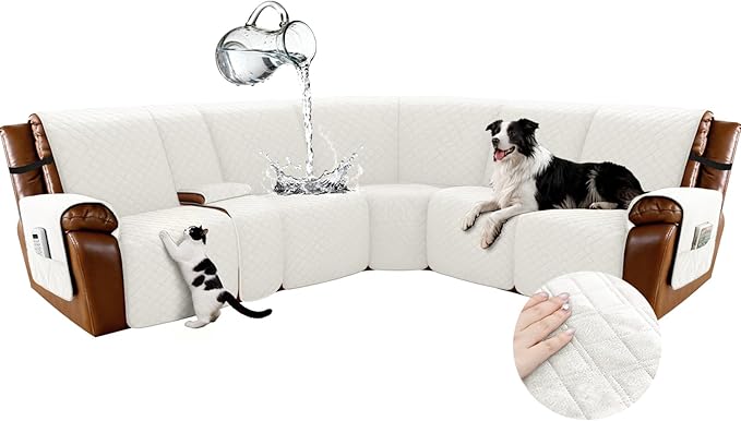 Arfntevss Waterproof Recliner Sectional Couch Covers for Reclining L Shape Sofa Cover Non Slip Washable L Shaped Slipcover Sets for Dog Furniture Protector (5 Seat with 1 Console Cover, Ivory) by Arfntevss
