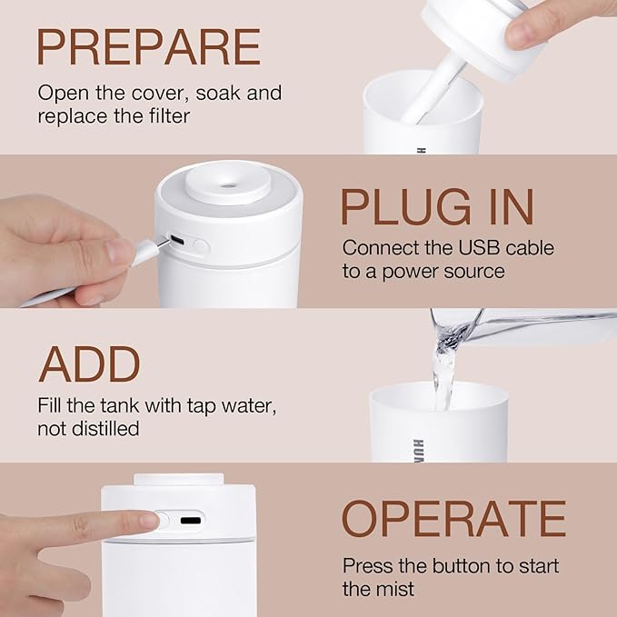 Portable Mini Humidifier, 180ml USB Cool Mist Small Humidifiers for Bedroom, Personal Desktop Humidification for Car Office Travel & Indoor Plants(White Grey) - Image 7