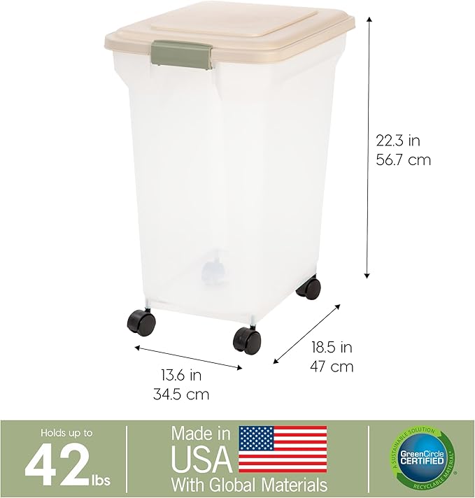 IRIS USA Airtight Dog Food Storage Container, WeatherPro, Up to 40 lbs, Removable Wheels, for Dog Cat Bird and Other Pet Food Storage Bin, Keep Fresh, Translucent Body, Made in USA, Clear/Almond - Image 3