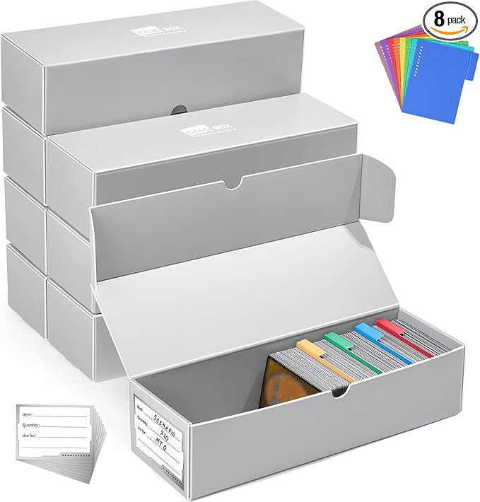 Trading Card Storage Box, 8-Pack·1000 Count Card Storage Box with Dividers and Labels, Card Organizer for Collection, Trading Card Holder for Collector, 12 INCH by Fabmaker