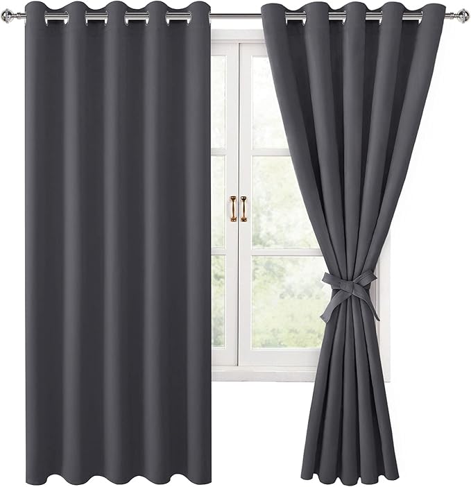 Hiasan Grommet Blackout Curtains for Bedroom, 60 x 72 Inches - Thermal Insulated & Light Blocking Window Drapes for Living Room/Dorm Room, Set of 2 Panels Sewn with Tiebacks, Dark Grey by Hiasan