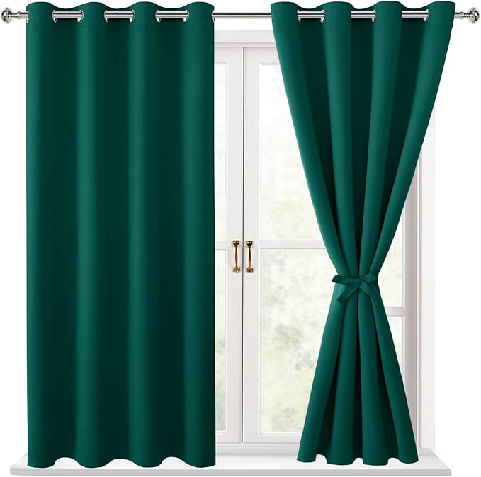 Hiasan Blackout Curtains for Bedroom - Thermal Insulated & Energy Saving Window Curtains for Living Room/Kids Room, 2 Drape Panels Sewn with Tiebacks, Hunter Green, 52 x 45 Inch by Hiasan