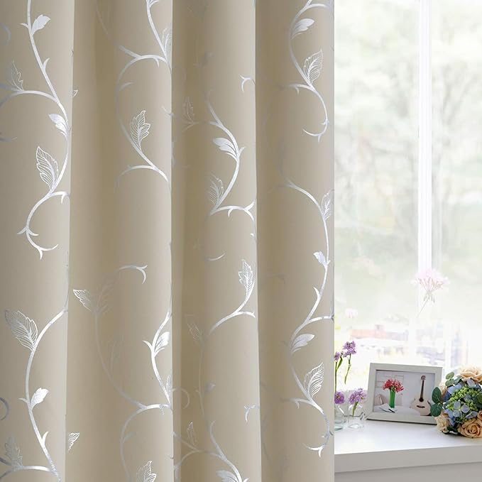BUHUA Silver Grey Blackout Curtain 2 Panel Set Vine Foil Print Thermal Insulated Drapes Room Darkening Curtains Grommet Window Treatment, 66 x 72 Inch, Beige - Image 4