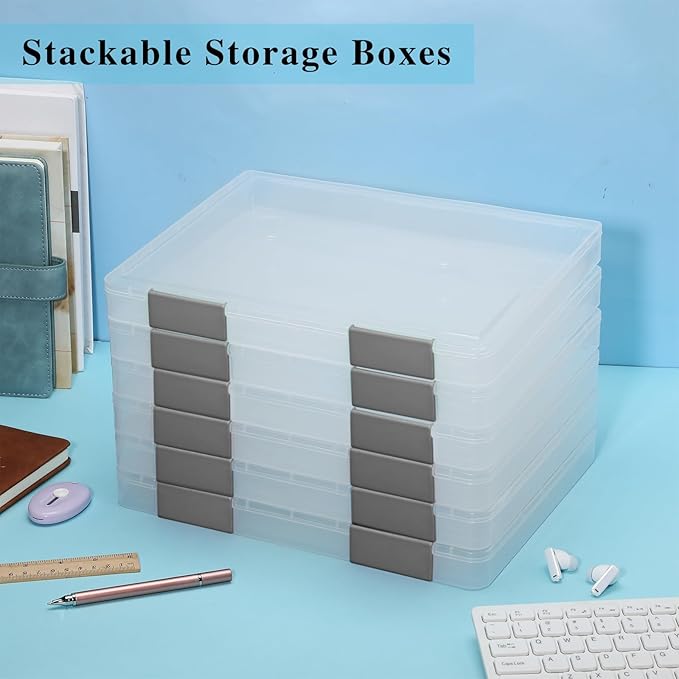 PerKoop 6 Pcs Clear Paper Storage Box A4 Plastic File Box Document Paper Organizer Storage Board Game Project Cases Containers with Buckle for Craft, Magazine(Gray,12.4 x 9.84 x 1.18 Inches) - Image 6