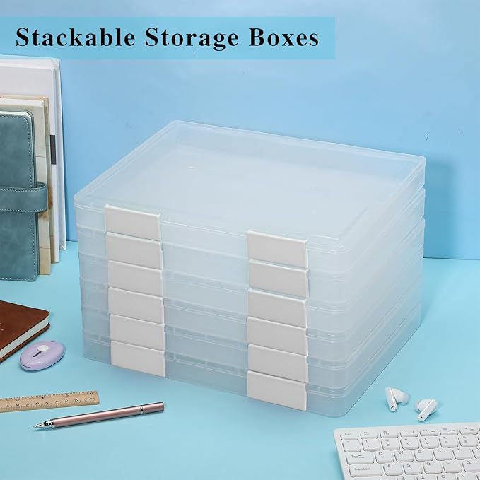 PerKoop 6 Pcs Clear Paper Storage Box A4 Plastic File Box Document Paper Organizer Storage Board Game Project Cases Containers with Buckle for Craft, Magazine(12.4 x 9.84 x 1.18 Inches,White) - Image 6