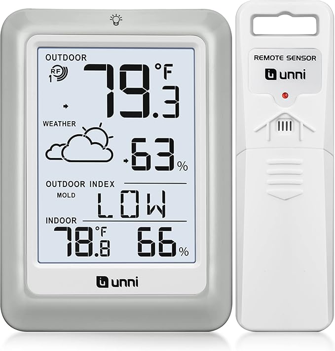 Indoor Outdoor Thermometer Hygrometer Wireless Weather Station, Temperature Humidity Monitor Battery Powered Inside Outside Thermometers with 330ft Range Remote Sensor and Backlight Display by UUNNI