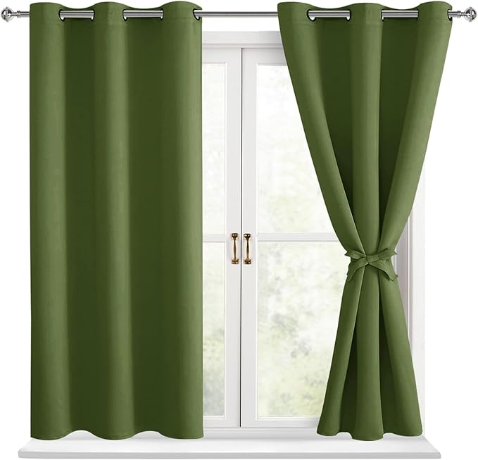 Hiasan Blackout Curtains for Bedroom - Light Blocking & Noise Reducing Window Curtains for Living Room, 2 Drape Panels Sewn with Tiebacks, Olive Green, 38 x 54 Inch - Image 7