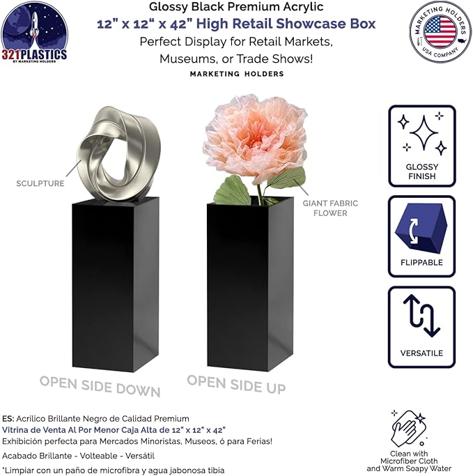 Acrylic Display Riser Box Pedestal No Lid Flower Tower Art Sculpture Tall Pillar Stand Display 12" x 12" x 42" Glossy Black by Marketing Holders - Image 2
