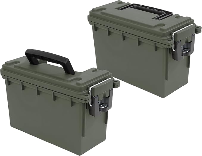 Sheffield 12791 2-Pack Ammo Storage Box, Stackable .30 Cal Field Boxes, Water and Dust Resistant, Lockable Storage Box with Handle, Secures Hunting Gear, Supplies, and Bullets, Made in USA, Green by Sheffield