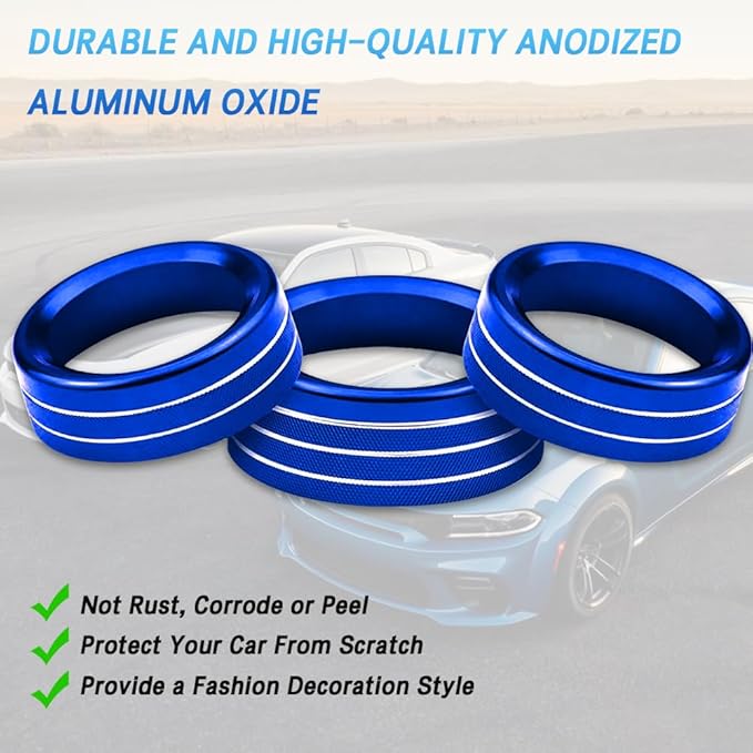 3PCS Air Conditioner Switch Button Knob Cover, Auto Accessories Climate Control Knob Covers, Aluminum Alloy Knob Ring Trim Cover Compatible with Dodge Challenger Durango 2015-2022 (Blue) - Image 7