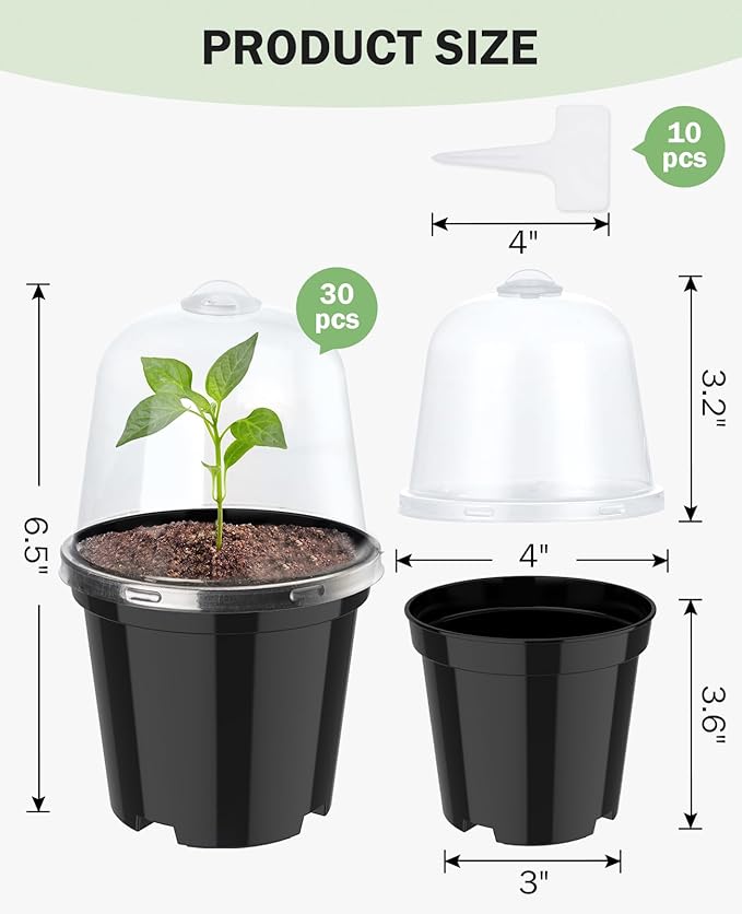 homenote Nursery Pots for Plants,4 Inch Plant Pot for Planting with Humidity Domes Plastic Seedling with Drainage Holes Seed Starter Flower with 10 Labels Black (30 Pack) - Image 6