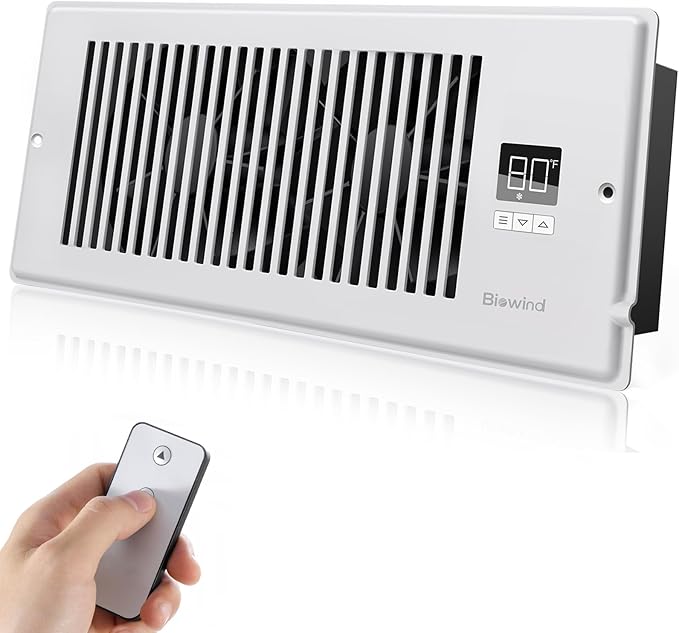 Quiet Register Booster Fan Fits 4" x 12" Register Holes, 10-Speed Smart Heating Cooling AC Vent Fan with Remote Control and Thermostat Control - White by BIOWIND