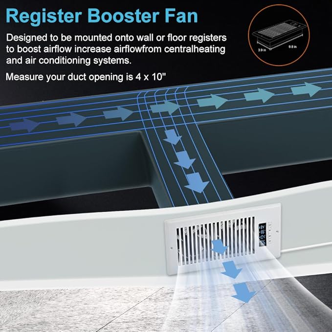 Smart Register Booster Fan 4” x 10” with Thermostat Control Intelligent Heating Cooling Trigger, 10 Fan Speed Adjustable AC Air Vent Fan Booster for Room Wall Floor White - Image 2
