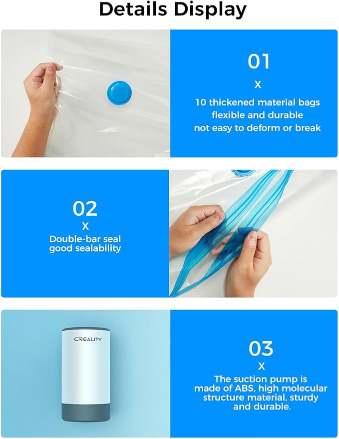 Creality Filament Vacuum Storage Kit, Automatic Pump, Premium Cleaning Drying Sealed 8 Storage Bags with Desiccants, 3D Filament Dryer for 3D Printer Filament(15.75x15.75 inch) - Image 6