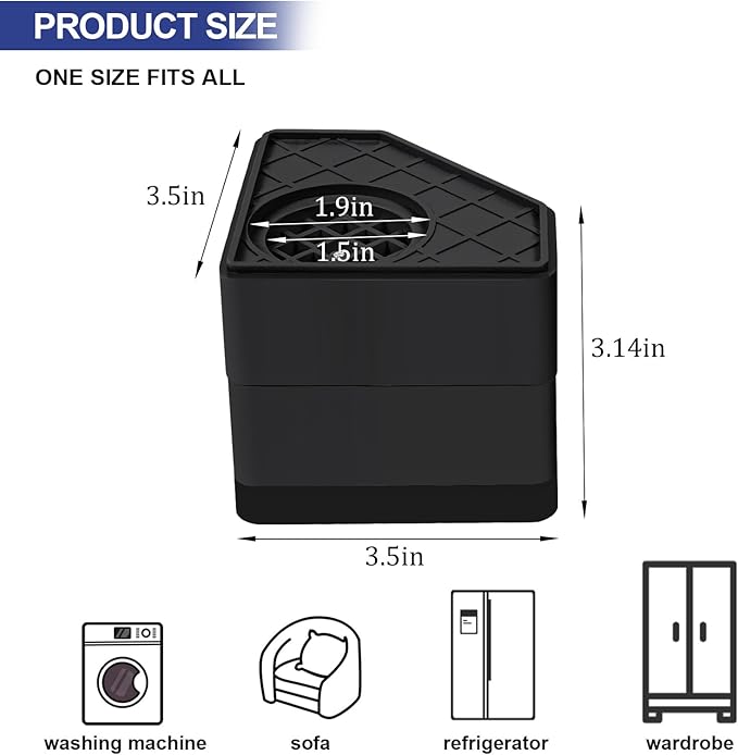 4Pcs Anti Vibration Pads for Washing Machine, Stops Washer Dryer Moving, Prevents Noise, Vibration Transfer, Antivibration Stabilizer Support Feet (Increase3.14in-B) - Image 2