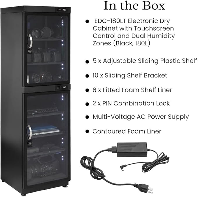 180LT Electronic Dry Cabinet for Camera, Lens & Electronics – Silent Dehumidifying Storage, Touchscreen, Dual Zone Humidity Control (60-35% RH), 5 Adjustable Shelves, LED Light, Lock - Image 8