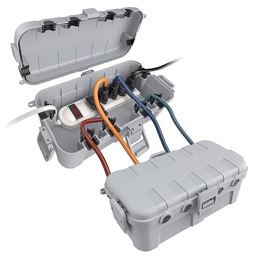 Flemoon [2 Pack] Outdoor Electrical Box Waterproof, Medium Weatherproof Electrical Box (11.5x5.2x4 inch) w/6 Cable Entry Ports, Extension Cord Cover for Power Strip, Plug, Holiday Light, Light Grey by FLEMOON